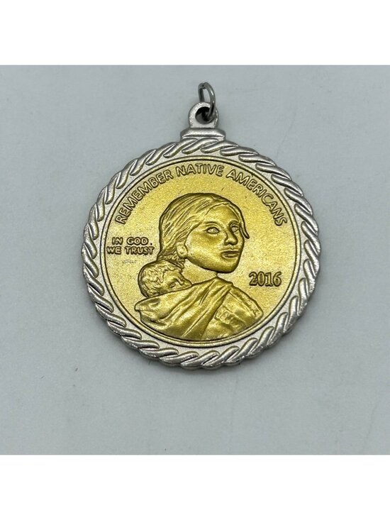 Estate Jewelry - Native American Sacagawea Code Talker Coin Pendant Necklace Gold/Silver-tone